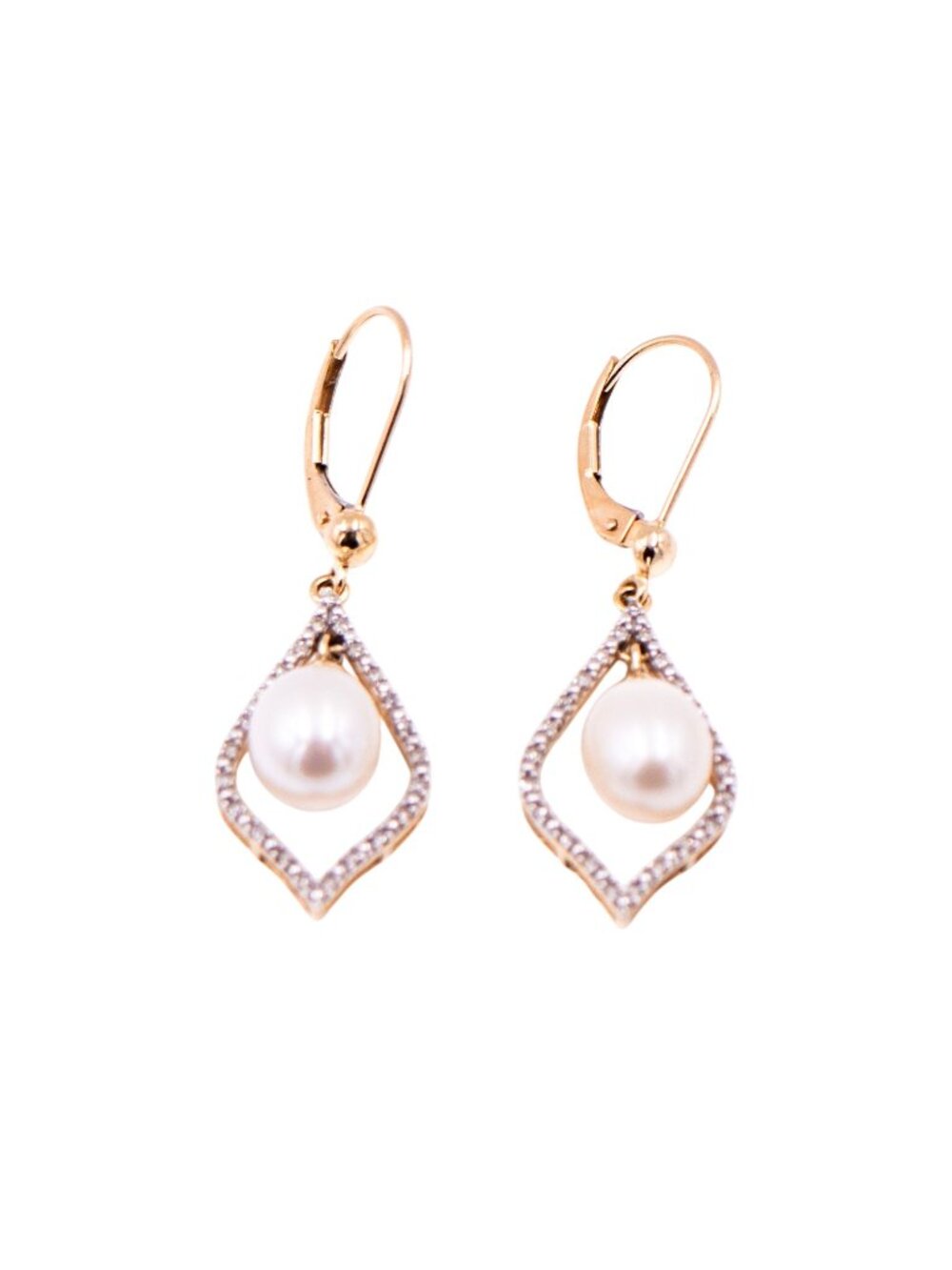 14K Yellow Gold 9.2mm Baroque Freshwater Pearl 1.6 Inch Diamond Dangle Earrings